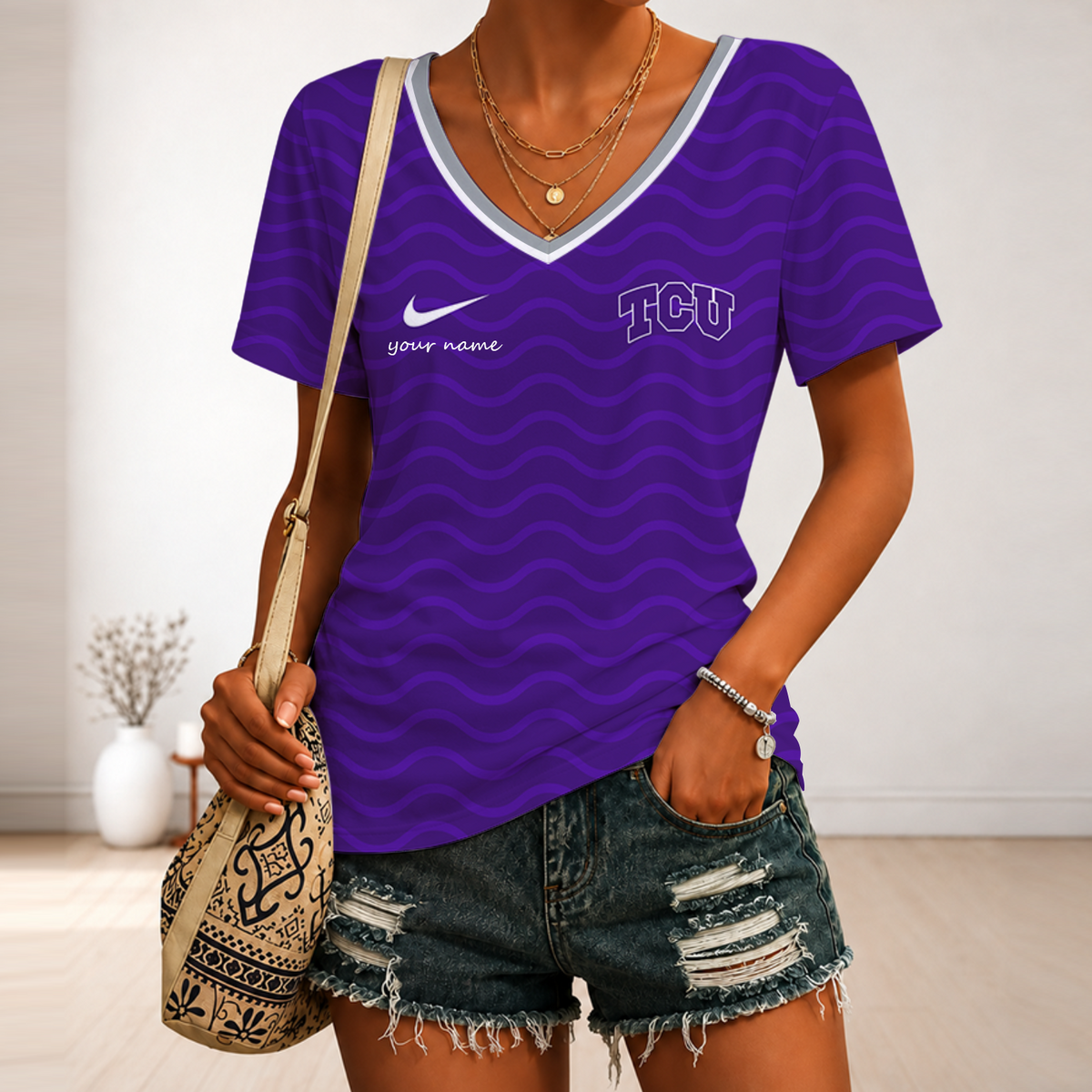 [MEGA SALE] MAKE IT PERSONAL NCAA FBS09 THF TCU HORNED FROGS V-NECK FEMALE SHIRT