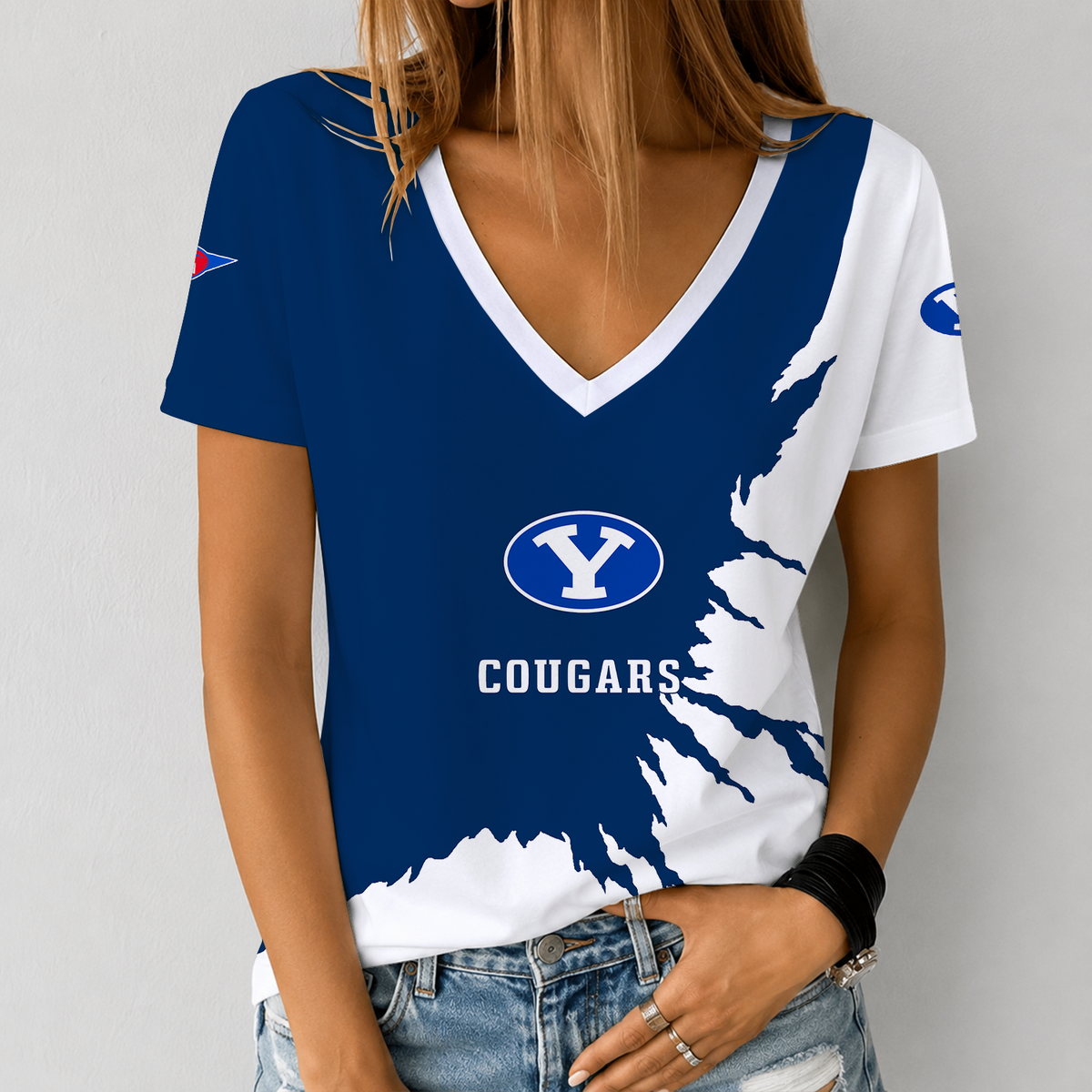 [MEGA SALE] MAKE IT PERSONAL NCAA FBS11 BYU BYU COUGARS V-NECK FEMALE SHIRT