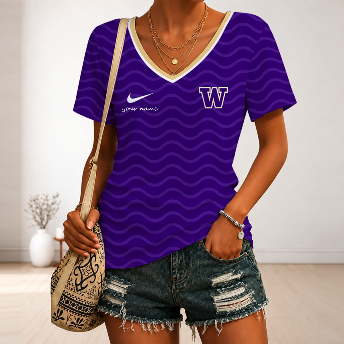 [MEGA SALE] MAKE IT PERSONAL NCAA FBS19 WSH WASHINGTON HUSKIES V-NECK FEMALE SHIRT